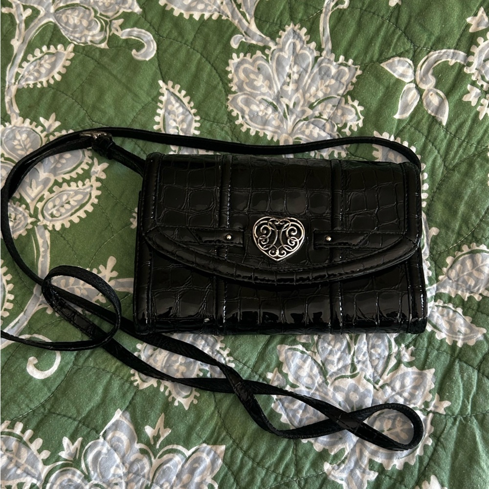Brighton Black Patent Croc-Embossed Crossbody Checkbook Wallet